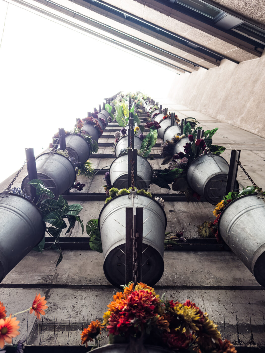 Foto: Blumentopfwand Foto: Blumentopfwand. Blick nach oben eine Hauswand entlang, die von oben bis unten mit Blumenkübeln behangen ist.