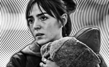 Kurzfilm: Favours Kurzfilm: Favours. Stark bearbeiteter Screenshot aus dem Kurzfilm. Eine junge Frau mit Baby auf dem Arm blickt verzweifelt an uns vorbei.