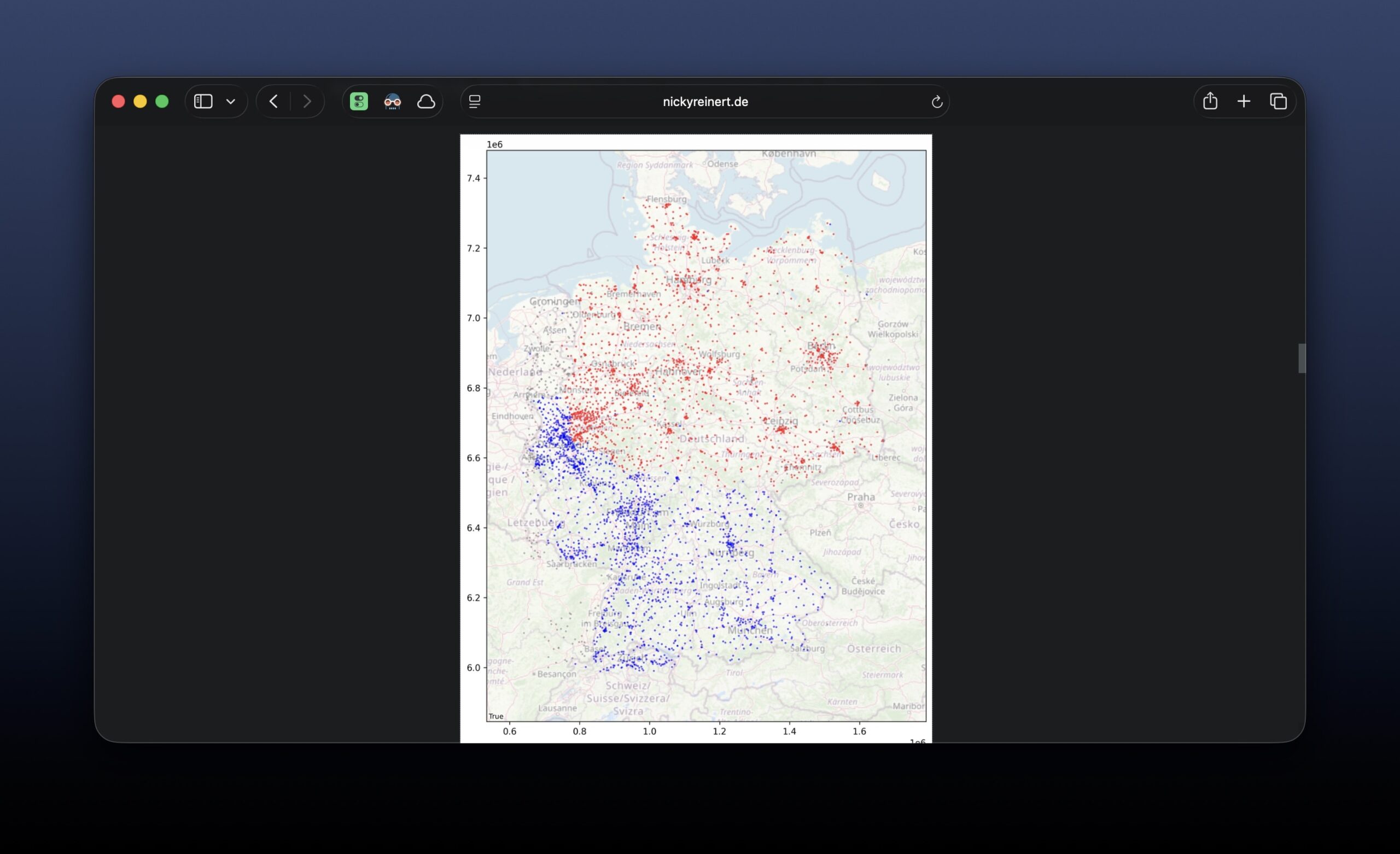 Deutschlandkarte mit allen Aldi Nord-Filialen in rot und Aldi Süd-Filialen in blau, die zeigt, wo die Grenze verläuft. Von oben mittig durch den Pott und dann rüber in den Knick Sachsen/Bayern/Tschechien.