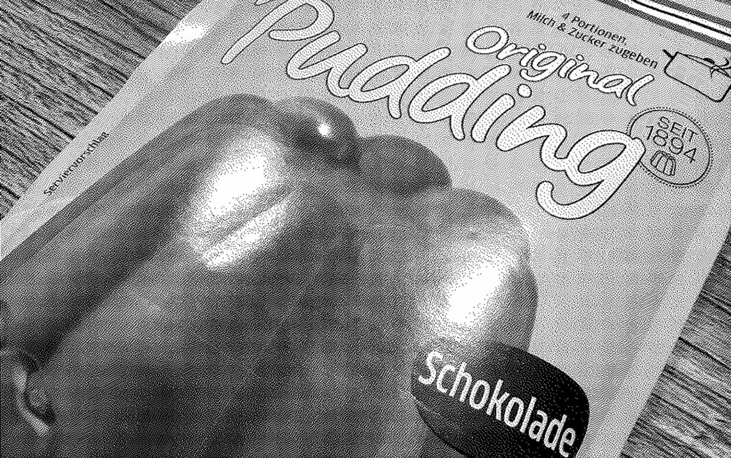 Verfremdetes Schwarzweiß-Foto einer Tüte Pudding-Pulver.
